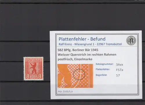 SBZ 1945 PLATTENFEHLER Nr 3Avx F57a postfrisch (215911)