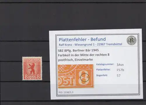 SBZ 1945 PLATTENFEHLER Nr 3Avx F57b postfrisch (215913)