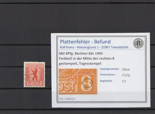 SBZ 1945 PLATTENFEHLER Nr 3Avx F57b gestempelt (215915)