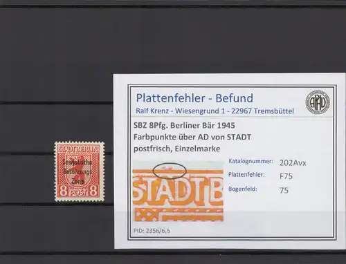 SBZ 1948 PLATTENFEHLER Nr 202Avx F75 postfrisch (215926)