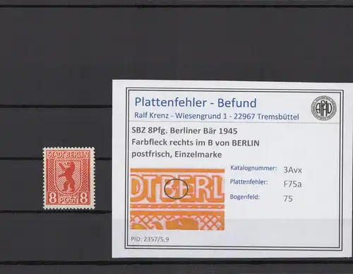 SBZ 1945 PLATTENFEHLER Nr 3Avx F75a postfrisch (215927)