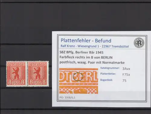 SBZ 1945 PLATTENFEHLER Nr 3Avx F75a postfrisch (215928)