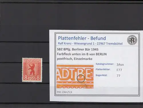 SBZ 1945 PLATTENFEHLER Nr 3Avx F77 postfrisch (215930)