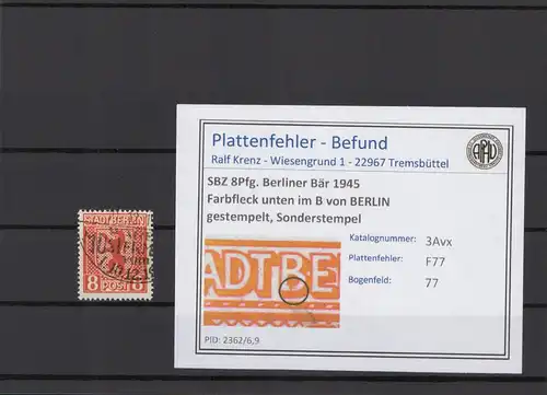 SBZ 1945 PLATTENFEHLER Nr 3Avx F77 gestempelt (215931)