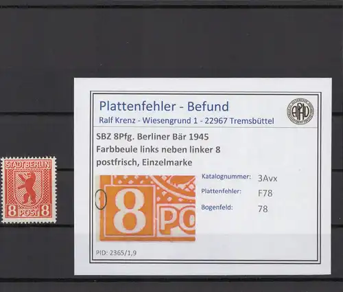 SBZ 1945 PLATTENFEHLER Nr 3Avx F78 postfrisch (215933)