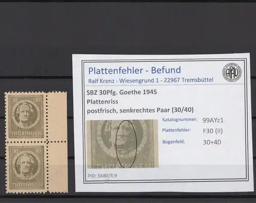 SBZ 1945 PLATTENFEHLER Nr 99AYz1 II postfrisch (216142)