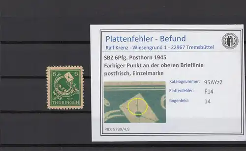 SBZ 1945 PLATTENFEHLER Nr 95AYz2 F14 postfrisch (216151)