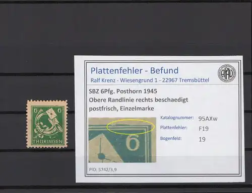 SBZ 1945 PLATTENFEHLER Nr 95AXw F19 postfrisch (216154)
