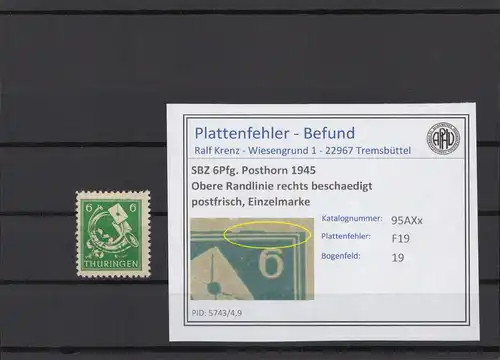 SBZ 1945 PLATTENFEHLER Nr 95AXx F19 postfrisch (216155)
