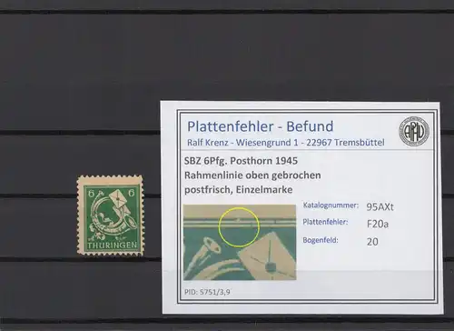 SBZ 1945 PLATTENFEHLER Nr 95AXt F20a postfrisch (216163)