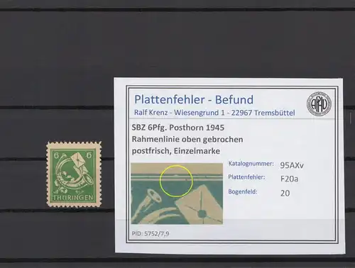 SBZ 1945 PLATTENFEHLER Nr 95AXv F20a postfrisch (216164)
