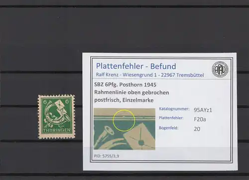 SBZ 1945 PLATTENFEHLER Nr 95AYz1 F20a postfrisch (216167)