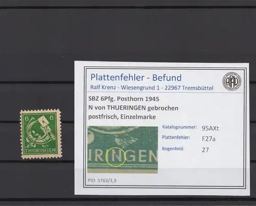 SBZ 1945 PLATTENFEHLER Nr 95AXt F27a postfrisch (216174)