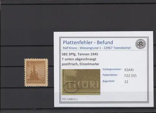 SBZ 1945 PLATTENFEHLER Nr 92AXt II postfrisch (216194)