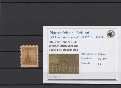 SBZ 1945 PLATTENFEHLER Nr 92AXv VI postfrisch (216198)