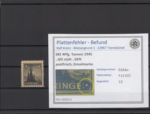 SBZ 1945 PLATTENFEHLER Nr 93AXv III postfrisch (216213)