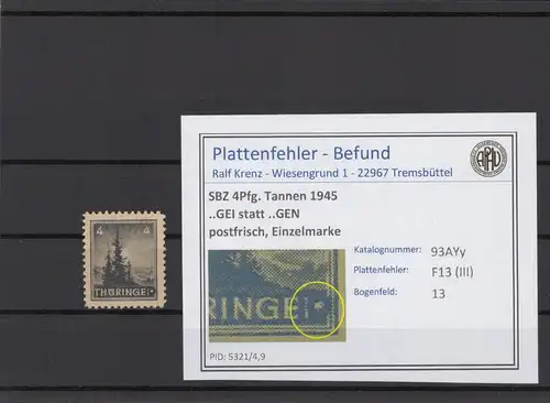 SBZ 1945 PLATTENFEHLER Nr 93AYy III postfrisch (216214)