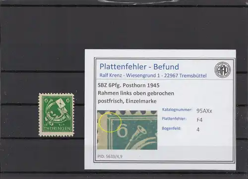 SBZ 1945 PLATTENFEHLER Nr 95AXx F4 postfrisch (216222)