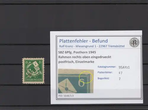 SBZ 1945 PLATTENFEHLER Nr 95AYz1 F7 postfrisch (216237)