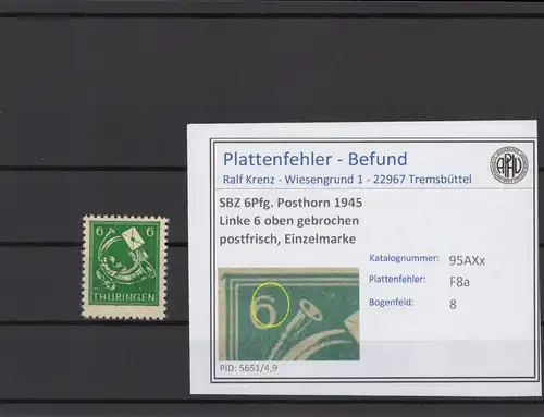 SBZ 1945 PLATTENFEHLER Nr 95AXx F8a postfrisch (216240)