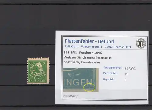 SBZ 1945 PLATTENFEHLER Nr 95AYz1 F9 postfrisch (216246)
