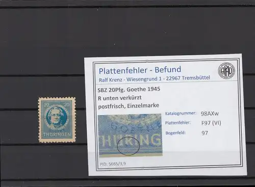SBZ 1945 PLATTENFEHLER Nr 98AXw VI postfrisch (216254)