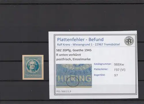 SBZ 1945 PLATTENFEHLER Nr 98BXw VI postfrisch (216256)