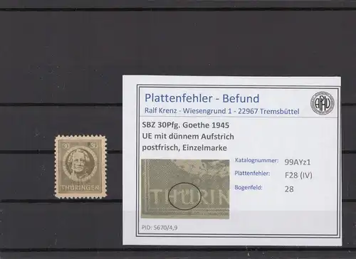SBZ 1945 PLATTENFEHLER Nr 99AYz1 IV postfrisch (216259)