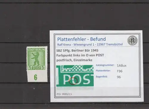 SBZ 1945 PLATTENFEHLER Nr 1ABux F96 postfrisch (216276)
