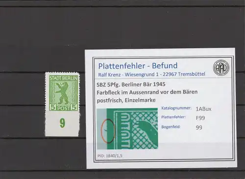 SBZ 1945 PLATTENFEHLER Nr 1ABux F99 postfrisch (216285)