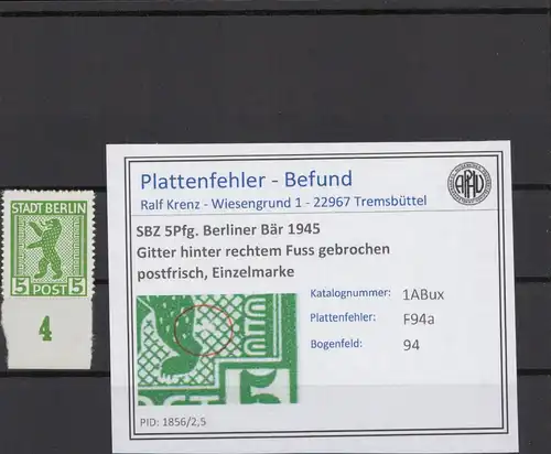 SBZ 1945 PLATTENFEHLER Nr 1ABux F94a postfrisch (216294)