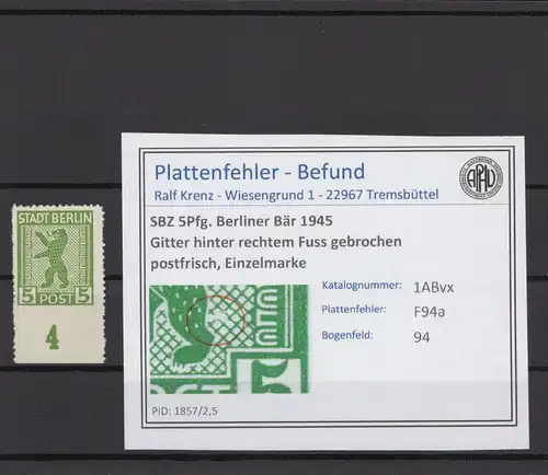 SBZ 1945 PLATTENFEHLER Nr 1ABvx F94a postfrisch (216295)