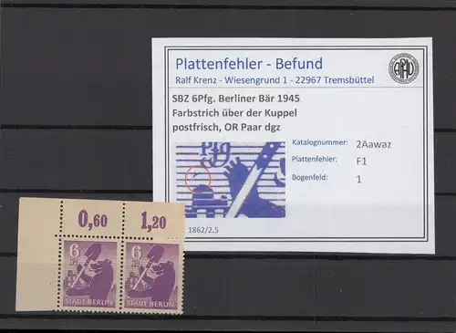 SBZ 1945 PLATTENFEHLER Nr 2Awaz F1 postfrisch (216298)