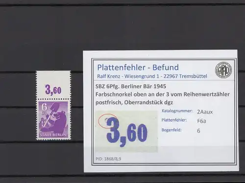 SBZ 1945 PLATTENFEHLER Nr 2Aux F6a postfrisch (216300)