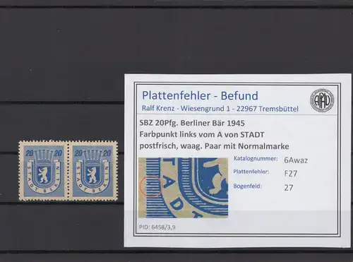 SBZ 1945 PLATTENFEHLER Nr 6Awaz F27 postfrisch (216310)