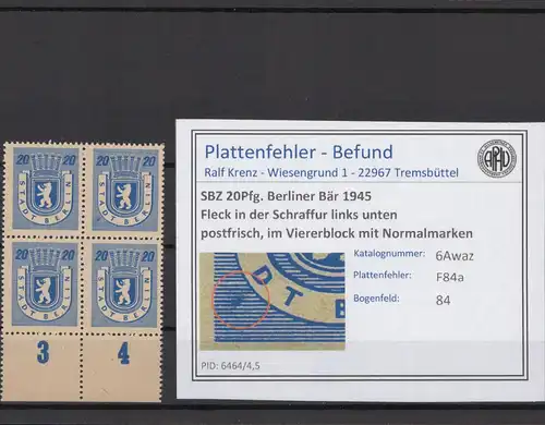 SBZ 1945 PLATTENFEHLER Nr 6Awaz F84a postfrisch (216313)