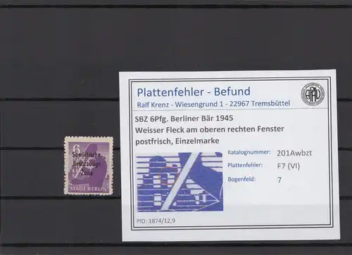 SBZ 1945 PLATTENFEHLER Nr 201Awbzt VI postfrisch (216316)