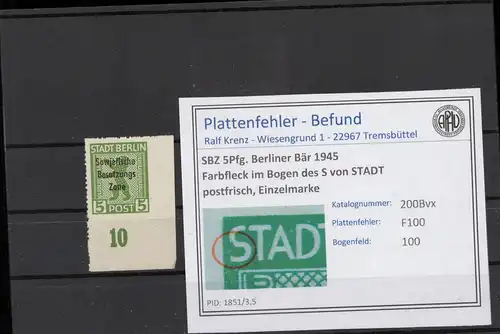 SBZ 1945 PLATTENFEHLER Nr 200Bvx F100 postfrisch (216318)