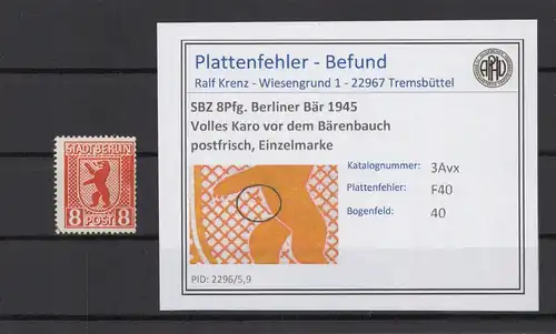 SBZ 1945 PLATTENFEHLER Nr 3Avx F40 postfrisch (216564)