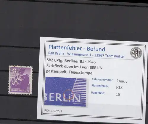 SBZ 1945 PLATTENFEHLER Nr 2Aauy F18 gestempelt (216584)