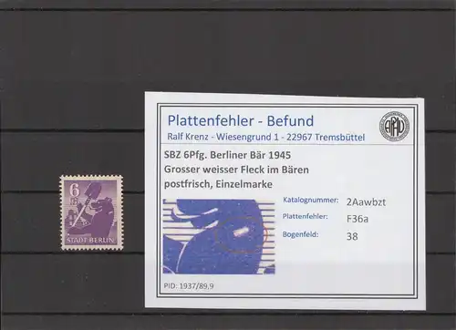SBZ 1945 PLATTENFEHLER Nr 2Aawbzt F36a postfrisch (216603)