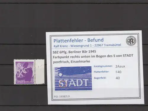 SBZ 1945 PLATTENFEHLER Nr 2Aaux F40 postfrisch (216604)