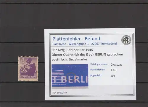 SBZ 1945 PLATTENFEHLER Nr 2Aawaz F49 postfrisch (216613)