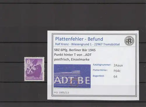 SBZ 1945 PLATTENFEHLER Nr 2Aaux F64c postfrisch (216628)