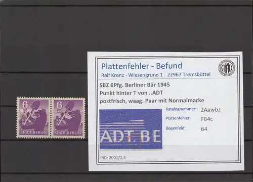 SBZ 1945 PLATTENFEHLER Nr 2Aawbz F64c postfrisch (216631)