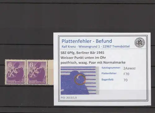 SBZ 1945 PLATTENFEHLER Nr 2Aawaz F70 postfrisch (216636)