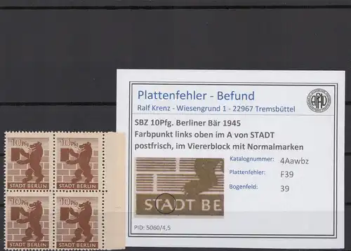 SBZ 1945 PLATTENFEHLER Nr 4Aawbz F39 postfrisch (216644)