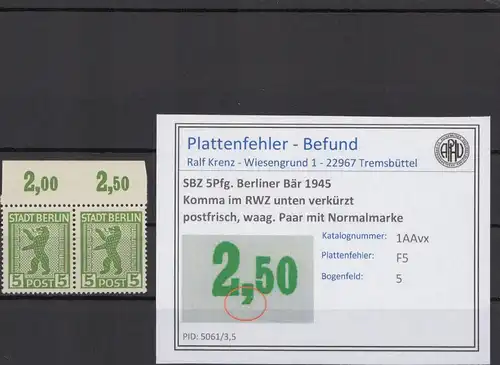 SBZ 1945 PLATTENFEHLER Nr 1AAvx F5 postfrisch (216645)