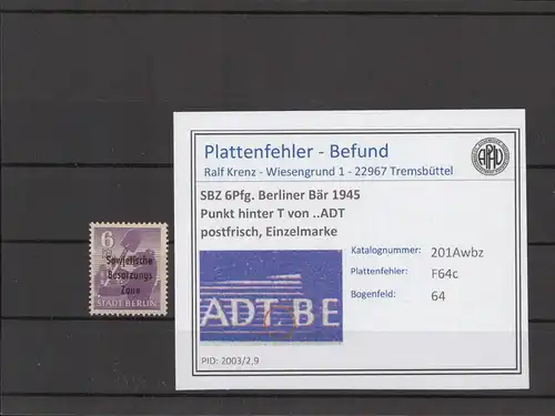 SBZ 1948 PLATTENFEHLER Nr 201Awbz F64c postfrisch (216648)