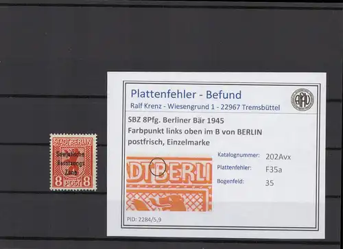 SBZ 1948 PLATTENFEHLER Nr 202Avx F35a postfrisch (216659)
